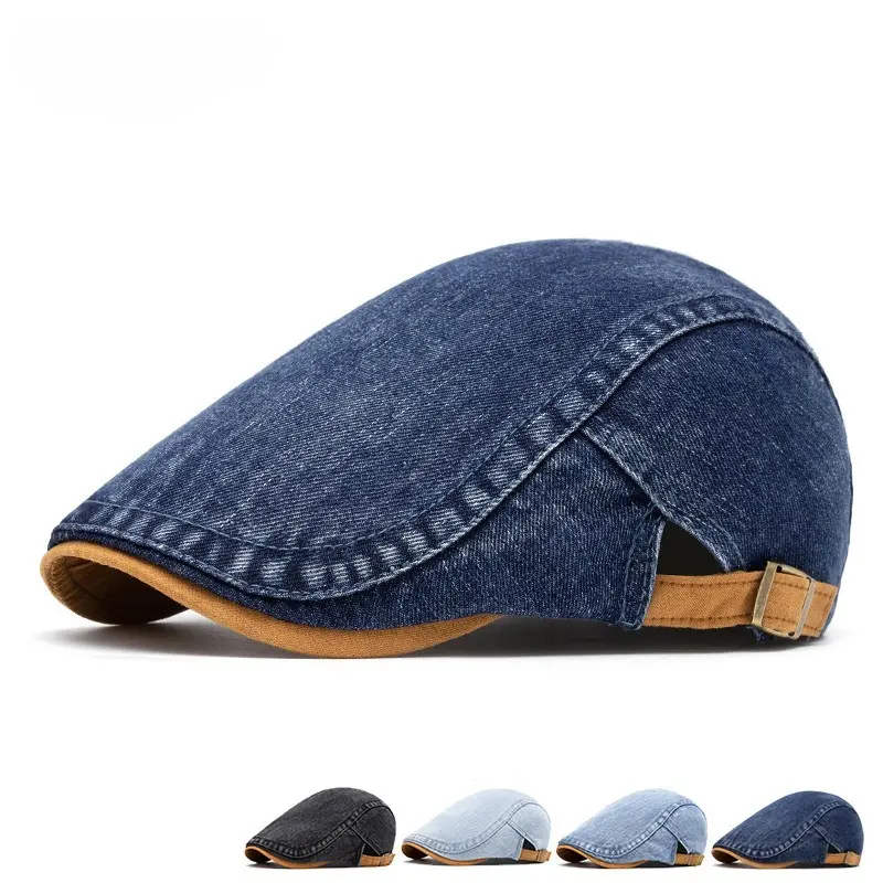 Adjustable Cotton Beret with Washed-Out Denim Finish - Flat Top Adjustable Cotton Beret with Washed-Out Denim Finish - Flat Top