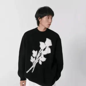Korean-Style Rose Jacquard Men’s Sweater, Loose Fit
