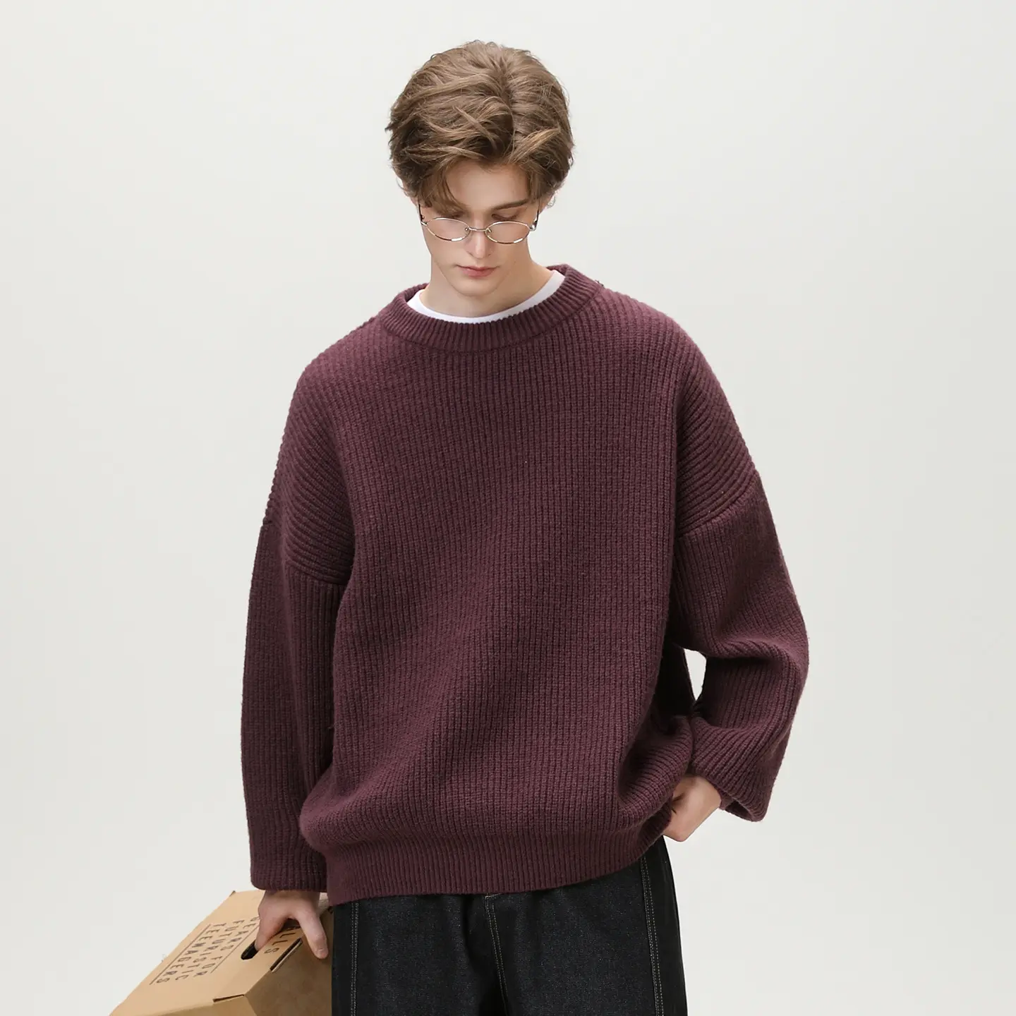Textured Solid Color Knit Sweater for Casual, Loose Fit