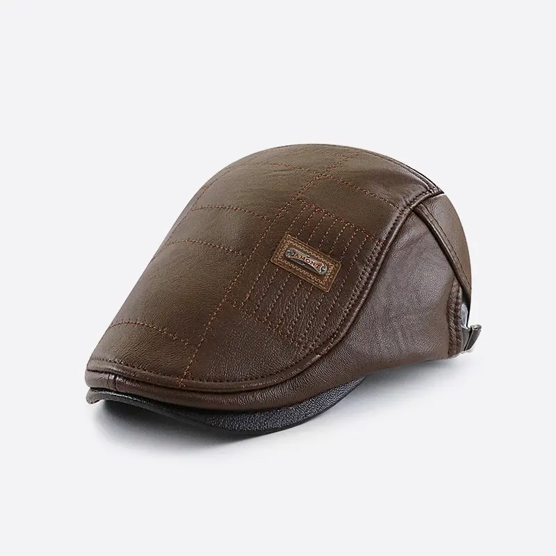 Warm Fleece-Lined PU Leather Peaked Cap for Winter
