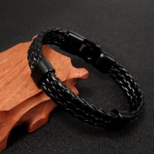 Triple-Layer Braided Leather Bracelet with Anchor Charm & Buckle