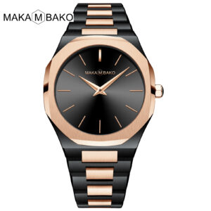 Waterproof Stainless Steel Women Wrist Watch with Gold Black Dial