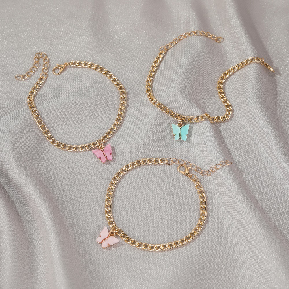 European and American new simple summer beach foot ornaments ins style color acrylic butterfly anklet metal thick chain foot ornaments