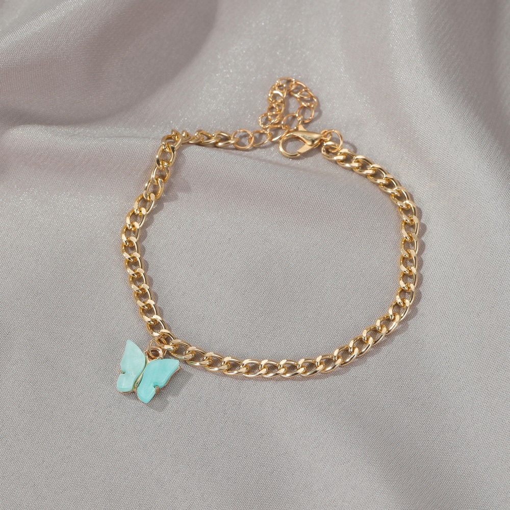 European and American new simple summer beach foot ornaments ins style color acrylic butterfly anklet metal thick chain foot ornaments