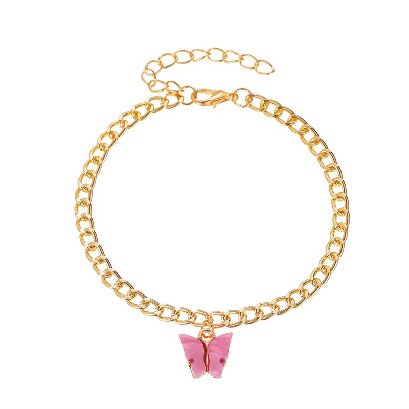 European and American new simple summer beach foot ornaments ins style color acrylic butterfly anklet metal thick chain foot ornaments