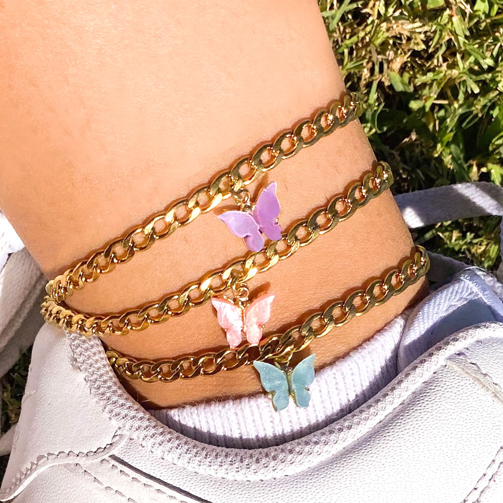European and American new simple summer beach foot ornaments ins style color acrylic butterfly anklet metal thick chain foot ornaments