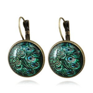 Vintage Feather & Geometric Glass Earrings with Gemstones