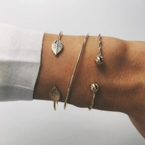 Gold-Color Alloy Leaf Bangles Trio Set for Women (3-Pack)