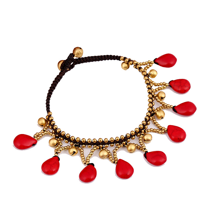 Hand-Woven Thai Wax Rope Bell Anklet with Bohemian Knots