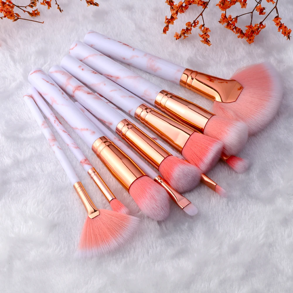 Fan-Shaped Eye Makeup Brush Set, 10-Piece Marble Pattern