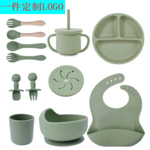 3-Grid Suction Baby Silicone Dinner Plate Set with Straw Cup