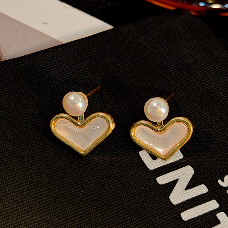 Gold-Pearl Heart French Silver Needle Earrings for Women
