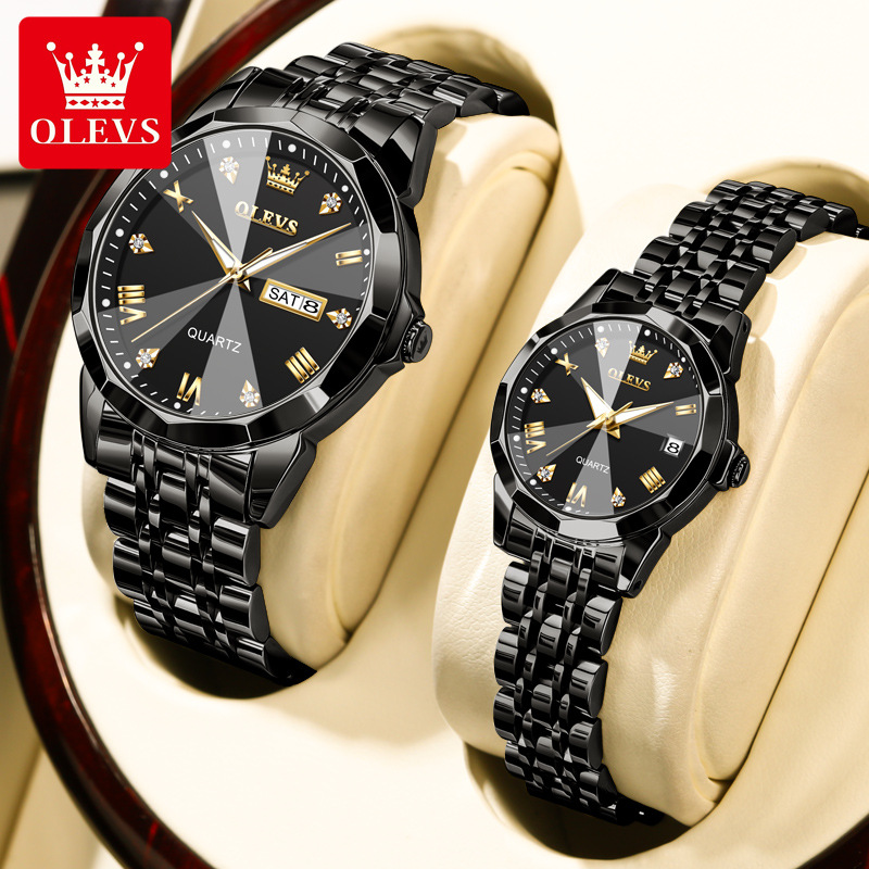 Double Calendar Quartz Couple Watch Set with Week Display