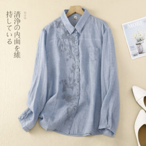 Breathable Cotton Linen Long-Sleeve Shirt with Embroidery