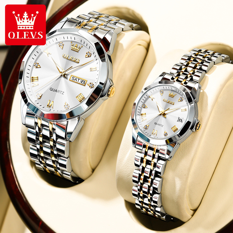 Double Calendar Quartz Couple Watch Set with Week Display