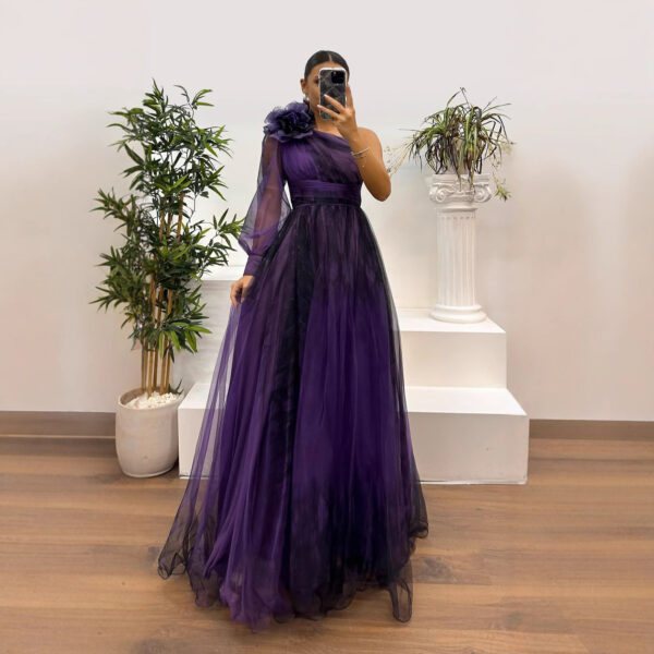 One-shoulder classic tulle dress, high-end elegant women's one-shoulder mesh dress with slit.