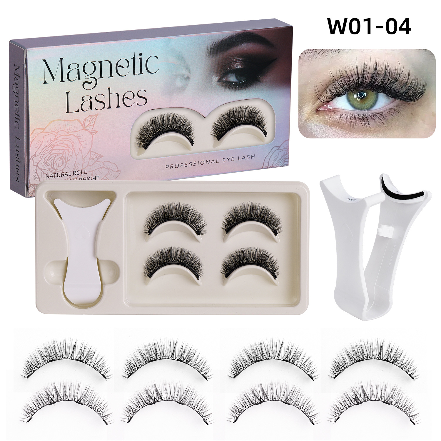 Thick Curled Magnetic False Eyelashes Set, No-Removal + Curler Box