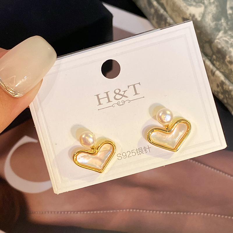 Gold-Pearl Heart French Silver Needle Earrings for Women