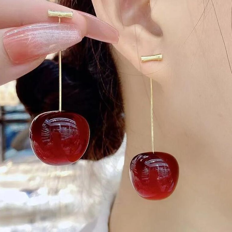 Long Cherry Fruit Earrings for Women, 925 Silver Needle