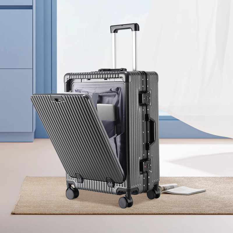 Factory wholesale 20-inch front-opening aluminum frame trolley case, stylish student carry-on suitcase with combination lock, gift set. Factory wholesale 20-inch front-opening aluminum frame trolley case, stylish student carry-on suitcase with combination lock, gift set.