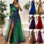 One-shoulder classic tulle dress, high-end elegant women's one-shoulder mesh dress with slit.