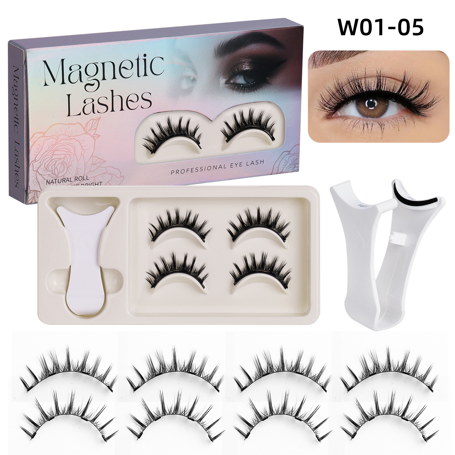 Thick Curled Magnetic False Eyelashes Set, No-Removal + Curler Box