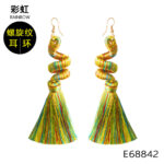 Boho Green Tassel Earrings for Women, Cotton Thread Long Drop