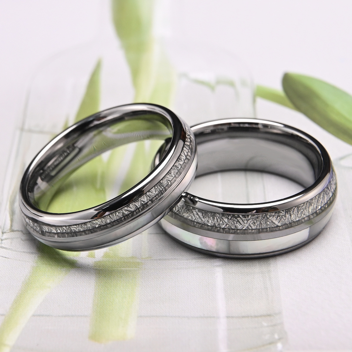Bold 8 mm Silver Wire Tungsten Steel Ring with Mother-of-Pearl