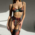 Bold Tie-Dye 5-Piece Lingerie Set with Leopard Print Gloves