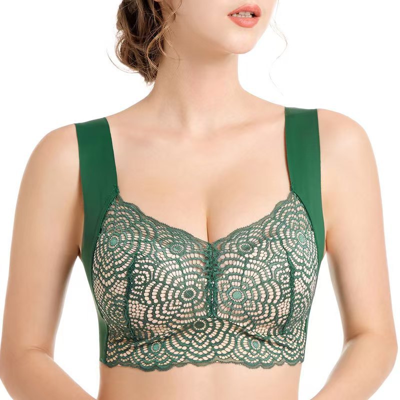 Plus-size women's lingerie, sexy lace, thin, wire-free vest style, plus size sports sleep bra with push-up support.