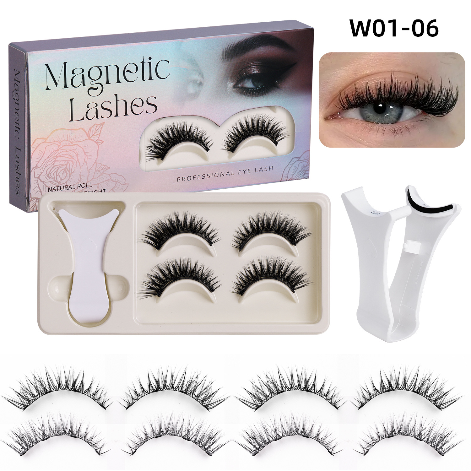 Thick Curled Magnetic False Eyelashes Set, No-Removal + Curler Box