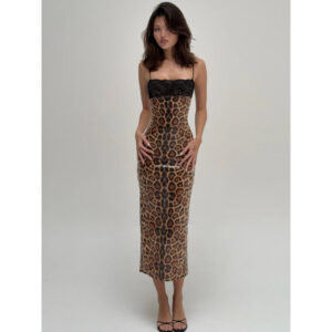 Leopard Lace Patchwork Cardigan Cami Dress Slim Fit