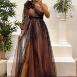 One-shoulder classic tulle dress, high-end elegant women's one-shoulder mesh dress with slit.