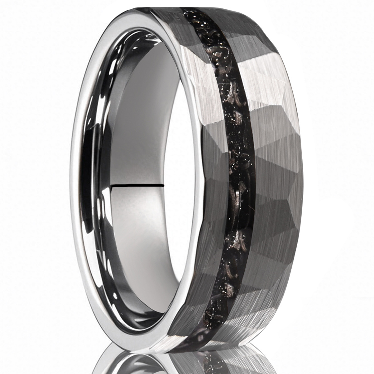 Bold 8-Wide Flat Hammered Tungsten Gold Ring Set, Meteorite Style