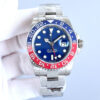 Stainless steel, blue face, red and blue ring, three-bead band.