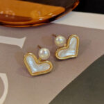 Gold-Pearl Heart French Silver Needle Earrings for Women