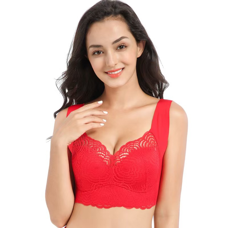 Plus-size women's lingerie, sexy lace, thin, wire-free vest style, plus size sports sleep bra with push-up support.