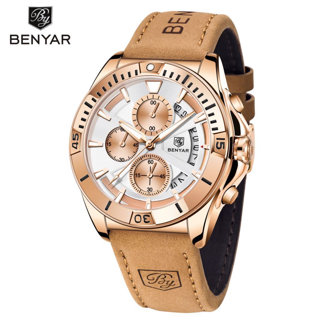 Accurate Quartz Mens Watch with Half-Fan Calendar & Folding Clasp