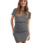 New summer striped short-sleeved maternity dress with concealed nursing opening, slim fit, stretchy, perfect for pregnant women.