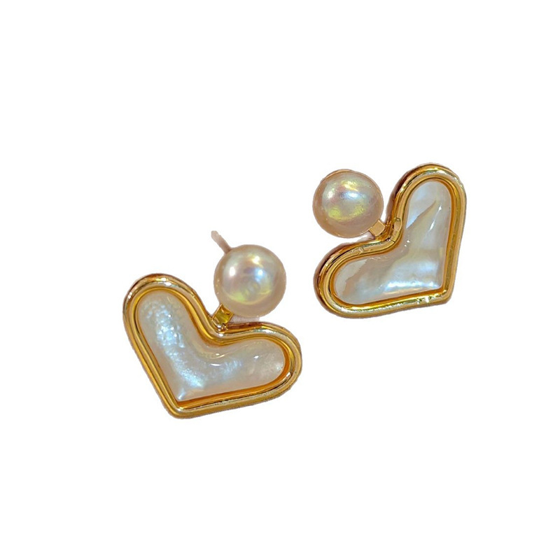 Gold-Pearl Heart French Silver Needle Earrings for Women
