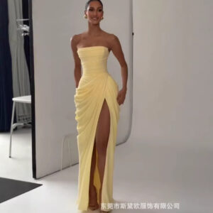 SDM225 Elegant Yellow New Sexy Strapless Slit Dress, 2026 New Arrival, Wholesale Export Goods