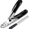 Pet nail clippers, stainless steel herringbone clippers and file, two-piece set, blue, red, and black, for dogs and cats.