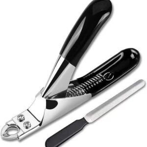 Pet nail clippers, stainless steel herringbone clippers and file, two-piece set, blue, red, and black, for dogs and cats.