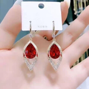 Geometric 925 Silver Hook Earrings with Red Leaf & Droplets