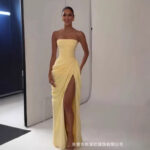 SDM225 Elegant Yellow New Sexy Strapless Slit Dress, 2026 New Arrival, Wholesale Export Goods