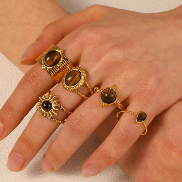 Fashionable Open-Design Tiger’s Eye Stainless Ring for Women - 18 K Gold Plated