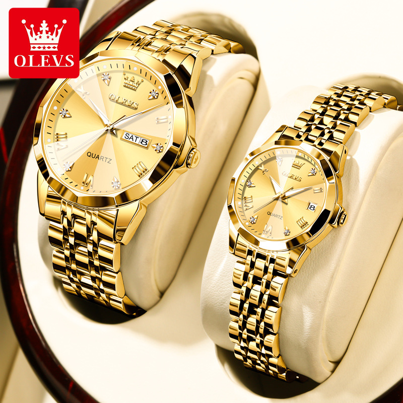 Double Calendar Quartz Couple Watch Set with Week Display
