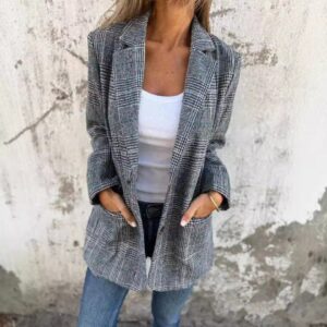 Retro Houndstooth Women’s Cardigan Coat with Lapel Pockets Retro Houndstooth Women’s Cardigan Coat with Lapel Pockets