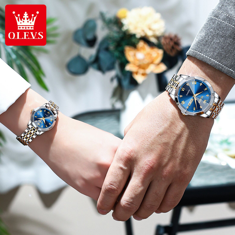 Double Calendar Quartz Couple Watch Set with Week Display