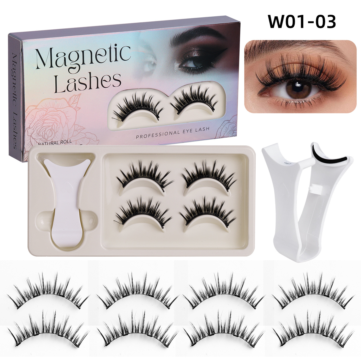 Thick Curled Magnetic False Eyelashes Set, No-Removal + Curler Box